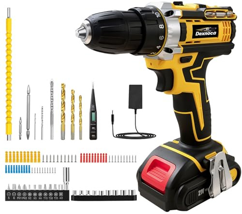 Cordless Drill 21V, Dexnoca 92pcs Comprehensive Drilldrivers Kit Battery Power, 45N.m Combi-Drill with 2.0Ah Battery, 3/8” Keyless Chuck Torque Setting Electric Screwdriver Kit - Yellow