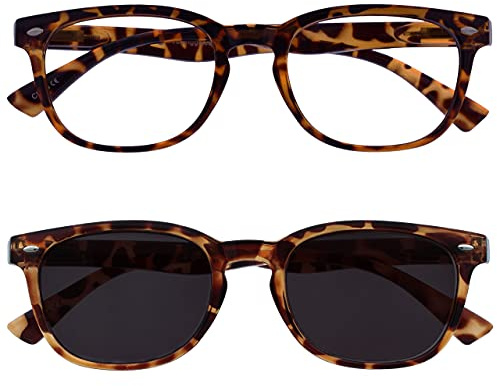 OPULIZE ORA Lesebrille für Damen und Herren mit Lesesonnenbrille, Blendfreie UV400-Schutz Federscharnier Anti-Müdigkeit, Runder Rahmen, 2er-Pack Braun Schildpatt +2,00