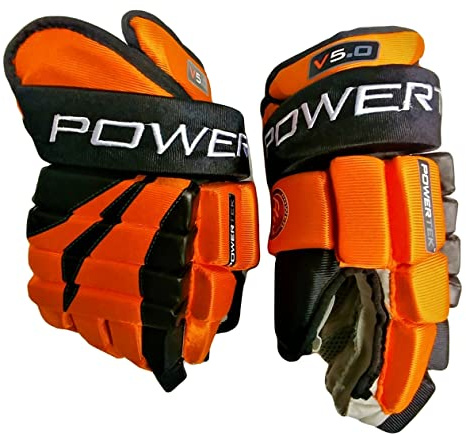 PowerTek V5.0 Tek Youth Ice Hockey Gloves, Flexible Full Motion Cuff (Orange, 9)