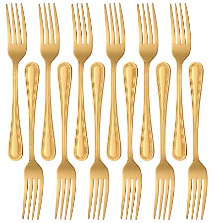 Fourchettes à dessert, Buyer Star ensemble de couverts en acier inoxydable doré 12 pièces pour desserts à la salade de pâtes, vaisselle polie miroir