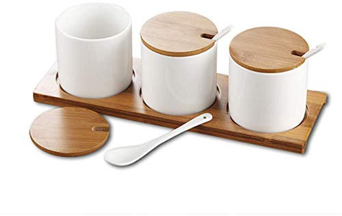 Molinter Spice Jars Ceramic Spice Jars with Spoons Bamboo Spice Holder Alternative to Spice Rack for Kitchen Dining Table Set of 3