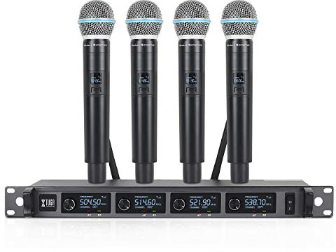 XTUGA Wireless Microphone System with 4 handheld microphone, 4-Channel UHF Cordless Microphone Set All Metal Build Wireless Microphones Fixed Frequency Karaoke System Long Range 260ft (A140)