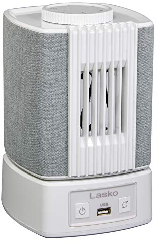 Lasko SlumberBreeze 2-in-1 Small Table Fan and White Noise Machine for Better Sleep in the Bedroom and Focus in the Home Office, SB101, White