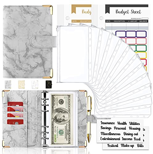 Onlyesh Budget Binder with Cash Envelopes, 28Pcs Marble 6Ring Saving Binder (Grey)