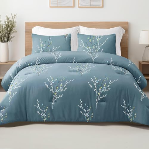 Exclusivo Mezcla 7.5 Tog Floral King Size Coverless Duvet Set, 3 Pieces | 220x230 cm Lightweight Quilt, 2 Pillowcases 50x75 cm, Soft Microfiber Bed Cover Bedding for Bedroom, All Seasons, Blue