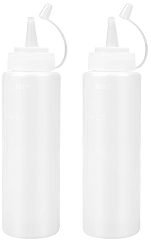 2 Stück Plastik Squeeze Flasche, 8oz Quetschflasche, 250ML Condiment Flaschen für Malen Backen Ketchup Scharfe Soße Olivenöl Saucenflasche mit Auslaufsicher Kappen & Messungen (Transparent)