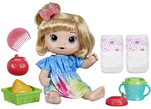 Baby Alive Boissons Fruitées – Poupée Interactive Qui Boit & Mouille sa Couche – Presse-Agrumes & Fruits Factices – Tenue Arc-en-Ciel à Motifs de Fruits – Dès 3 Ans
