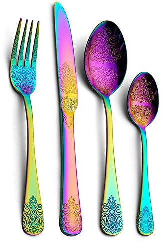 SHALOLY 24-teiliges Vintage-Besteck-Set Edelstahl-Besteck-Silberbesteck-Set Antik-Titan-beschichtete Messer, Gabeln, Löffel-Besteck-Set (Color : 24PCS Golden) (24pcs Rainbow)