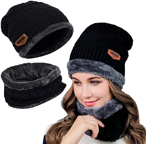 Tuofang Bonnet Chaud et Écharpe Ensemble pour Adulte - Hommes Femmes d'Hiver Extensible Doublure en Polaire Épais Chapeau - Vent-Doux Hommes Femmes (Noir)
