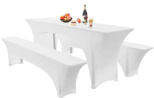 Elastische Hussen Für Bierzeltgarnitur Biertischhussen Bierbank-Auflage & Tischdecke 50 cm Oder 70 cm Tischbreite, 3 TLG Set Stretch Hussen Für Festzeltgarnituren Bierbank (70cm,White)