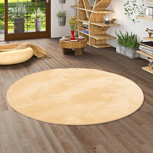 Pergamon Kunstfaser Teppich Wohnzimmer Luxus Super Soft Fellteppich Pearl Curry Gelb Rund in 3 Größen