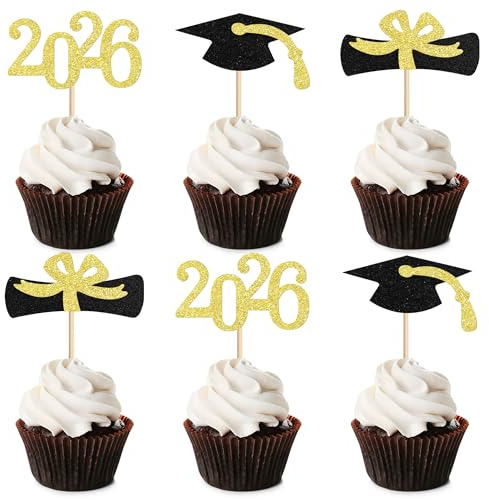 Blumomon 24Pcs Graduation 2026 Cupcake Toppers Gold Glitter Class of 2026 Graduation Cake Toppers 2026 Grad Cap Cake Decorations for Graduation Party Supplies