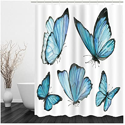 Whoiy Duschvorhang Polyester, Duschvorhang Eckbadewanne 165X180cm Shower Curtains Blauer Schmetterling Weiß Grau Waschbar Wasserdicht