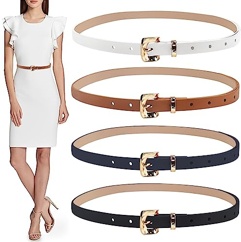 skytowards 4 Stücke Dünner gürtel Damen Taillengürtel Schmal Skinny Gürtel Damengürtel Ledergürtel mit Goldener Schnalle Bindegürtel Taille Kleidgürtel für Kleid Jeans (Weiß/Braun/Schwarz/Marineblau)