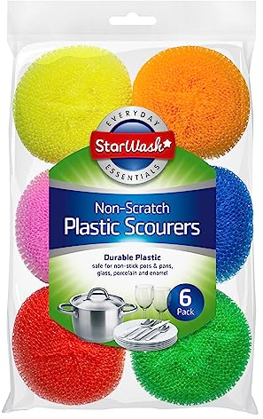 HOMESHOPA Non Scratch Plastic Mesh Scourers, 6 Pack Round Dish Pot Scrubber, Washing Up Reusable Sponge Scrub, Non Stick Scouring Ball Long Lasting Kitchen Dish Pads Stain Removing Cleaning Scrubber