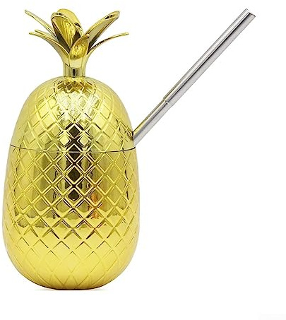 DAZZLEEX Tasse de Paille d'ananas Tasse de Cocktail décoration de Plage en Acier Inoxydable + matière Plastique, Tasse de Paille avec Couvercle (Or)