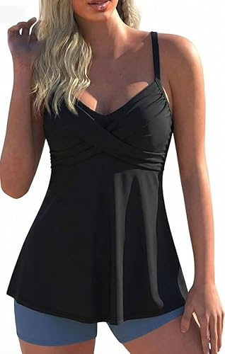 Hilor Underwire Plus Size Underwire Tankini Top for Large Bust Women Maternity Swimsuit Tops Crossback Swimwear Only Black 18