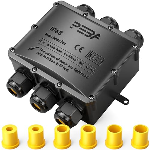 PEBA Abzweigdose IP68 Wasserdicht Kabelverbinder Aussen 6-Wege Verbindungsdose Erdkabel Schwarz Elektrischer Außenverteilerdose, Kabelverschraubung für 4-14 mm, Wasserdichte Abzweigdose Schwarz