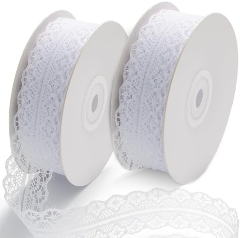 2 Rolls Spitzenband Weiß Vintage, 45 Meter Weiss Spitzenbordüre zum Nähen Dekoband Spitze Bände für Hochzeit Tischdeko Basteln Geschenkband Kraftpapier (30 mm Breit)