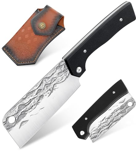 Freelander Hackmesser aus 4Cr13, Küchenmesser Outdoor mit G10 Griff, Fleischmesser Handgeschmiedet mit Scheide, Grillmesser fur Camping, BBQ, Schwarz