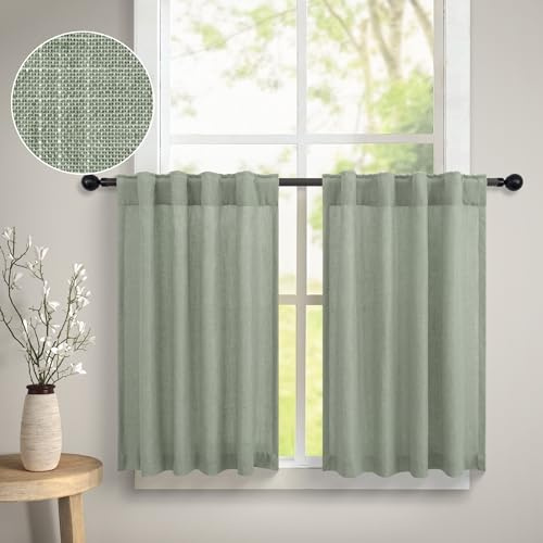 Salbeigrüne Küchen-Vorhänge, Café-Vorhänge, 61 cm Länge für kleines Fenster, 2 Paneele mit Schlaufen auf der Rückseite, halbdurchsichtig, Leinen, kurze Badezimmervorhänge für Schranktüren, 76,2 x 61