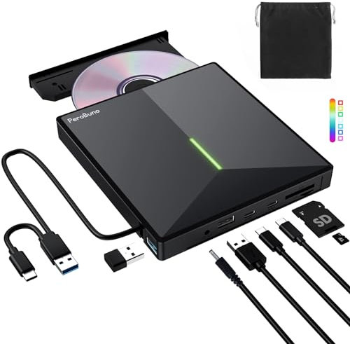 PeroBuno Masterizzatore CD DVD Esterno, Portatile USB 3.0 e Type-C Unità CD DVD Esterna con e 2 Lettore di Schede TF/SD, CD DVD ±R/RW lettore dvd esterno Per Laptop Mac PC Windows 11/10/8/7 Linux OS