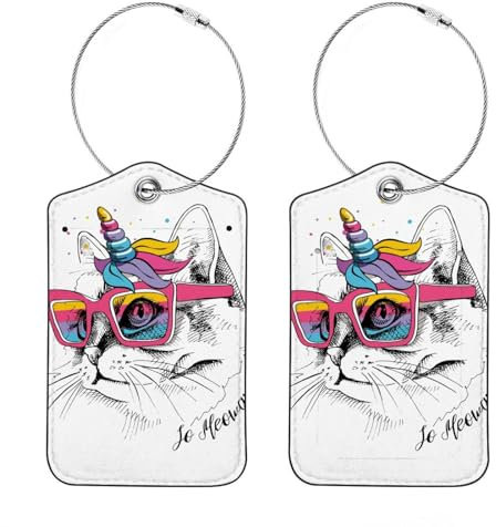 Gepäckanhänger, Einhorn-Katze mit rosa Sonnenbrille, PU-Leder, Gepäckanhänger mit Sichtschutzklappe, Namensschild, für Koffer, Reisetasche, Rucksack, 2 Stück