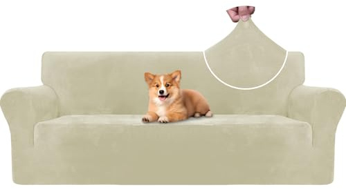 CYCMACO Samt Sofa Überzug 3 Sitzer, Sofabezug Elastische, Couch Überzug Haustier Katze Hunde, Universal Sofa Cover Moderne, Sofahusse Mit Armlehnen, Sofaschoner rutschfest, Beige