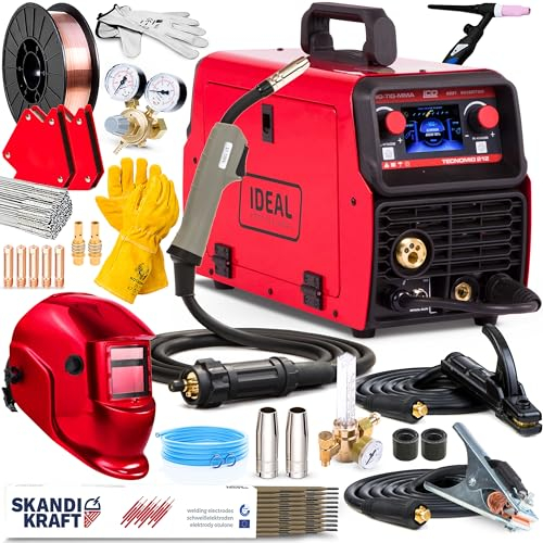 Ideal Tecno MIG 212 - Saldatrice a Filo Continuo con Gas da 200A - Capacità di Saldatura MMA, TIG e Saldobrasatura - Regolazione dell'Induttanza - Set Professional