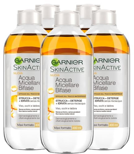 Garnier SkinActive zweiphasiges Mizellenwasser ohne Ausspülen für Make-up, wasserfest, feuchtigkeitsspendender Make-up-Entferner für Gesicht, Augen, Lippen, mit parfümfreier Formel – 5 Flaschen 400 ml