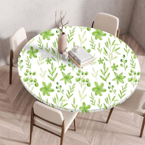 Highdi 3D Elastische Tischdecke Rund wasserdichte, Tischdecke Outdoor Round Blümchenmuster Spanntischdecke mit Gummizug für Esszimmer, Küche und Picknick (80cm,Grüne Blumen)