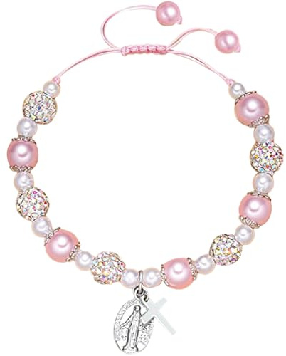 Bracelet Croix pour Filles Perles Roses et Boules de Strass Bracelet Colorés Arc-en-Ciel Croix Pendentif Ajustable Perle Cadeaux pour Filles Bracelet Fille Petite FS