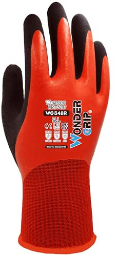 Wondergrip - Thermo Lite Plus - WG-348R Safety Gloves - Double Latex Coating - 100% Waterproof - Thermal - IT-Compatible & High Grip - For Cold and Wet Conditions - Red - Large