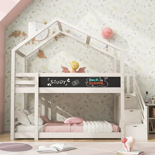 YCYDHDM Lit superposé, 90 x 200 cm, avec espace de rangement et cheminée, cabane dans les arbres, lit mezzanine avec escalier et sommier à lattes, cadre de lit en bois de pin, pour chambre d'enfant,
