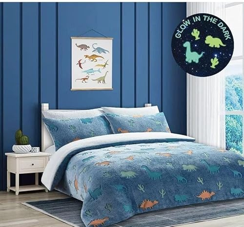 Bluemoon Bedding Dinosaur Glow In The Dark Blue Kids Boys Girls Reverse Soft Feel Fleece Duvet Cover Quilt Bedding Set with Pillowcase (Blue, Single)