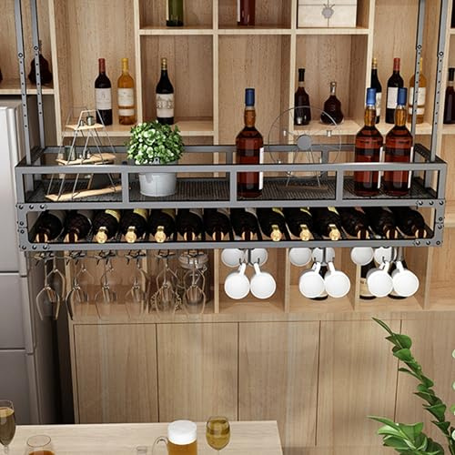 CVERTHAF Portabottiglie in Metallo da Appendere al Muro con portabicchieri da Vino, espositore per Bottiglie di liquore, mensole galleggianti per Bar, mensola per Whisky, mobiletto da Cucina, per CAS