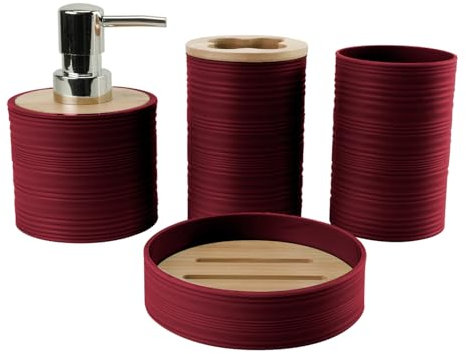Hosoncovy Set di 4 contenitori da bagno con dispenser di sapone, tazza da bagno, portasapone, spazzolino da denti e dentifricio (rosso vinaccio)