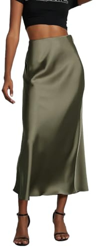 OLIPHEE Gonna Donna Lunga Raso Elegante Maxi Gonne da Donna Solida Colore Elastica Vita Alta A-Line Skirt in Satin Casual Vestiti Vacanza Business Verde M