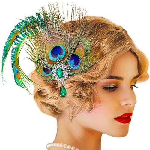 Evlry Diadema de plumas de los años 20, con plumas de pavo real, accesorio para el pelo para mujer