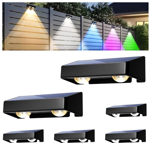 Solar Fence Lights Outdoor, Solar Wall Lights 9 Fixed Colors ＆ Color Changing Modern Solar Powered Deck Lights for Halloween Step Stair Patio Backyard Porch Railing decor, IP65 Waterproof (6 Pack)