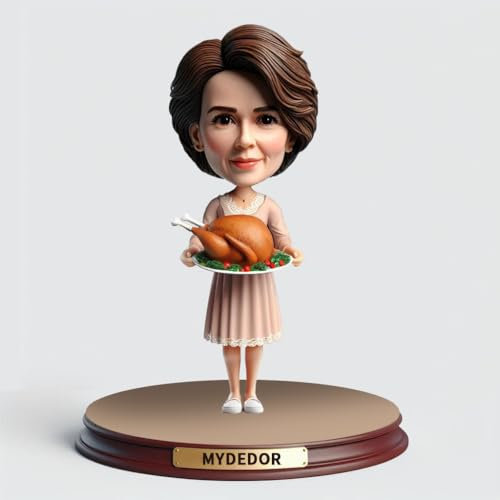 mydedor Figura personalizada de chef Bobblehead con pavo asado, hecha a mano a partir de tu foto para su cocina festiva coleccionable