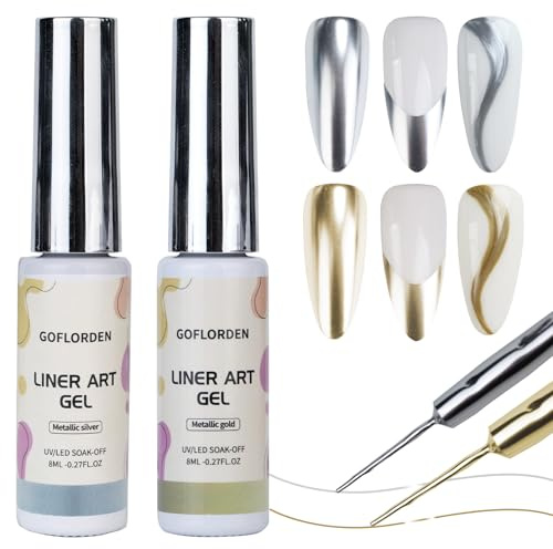 Metallic Gel Nagellack 2pcs Gold und Silber Metallic Liner Gel Nail Art 3D Effekt Thin Brush For Swirl Soak Off DIY at Home Salon Quality Gift for Women 8ML