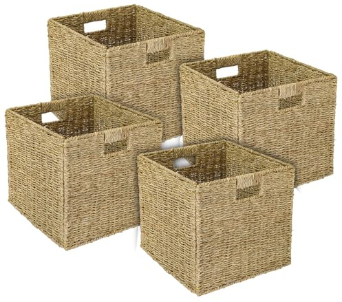 HMF Förvaringskorg kompatibel med KALLAX bokhylla, flätad tångkorg med handtag | set med 4 | 32 x 34,5 x 32 cm | Naturlig