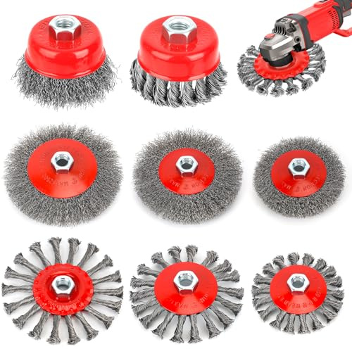 8 Piezas Cepillo Taladro, M14 Cepillos de Alambre para Taladro, Diámetro de 75 mm/100 mm/115mm/125mm de Cepillo de Alambre, para Pulir/Lijar/Eliminación Óxido/Corrosión