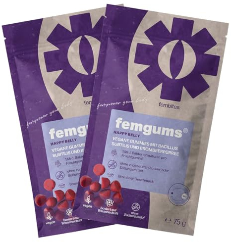 fembites femgums Happy Belly - Fruchtgummis aus Fruchtpüree - Mit Bakterienkulturen für die Darmflora - Ohne Zuckerzusatz - Laborgeprüft - 2x30 Gummis