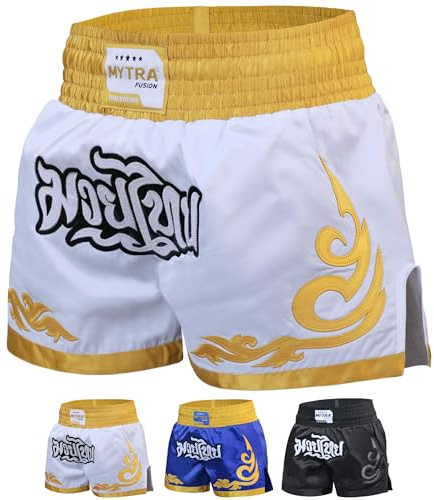 Pantalones Cortos Muay Thai Hombre Mujer – Slim Fit Short Length, Shorts de Kickboxing, MMA, Grappling, Entrenamiento y Artes Marciales (FR/ES, Letras, S, Regular, Regular, Blanco/Dorado)