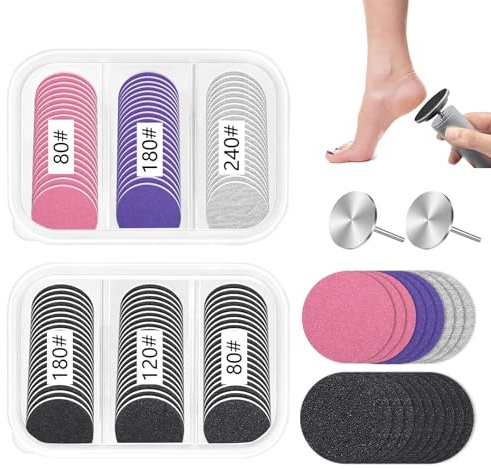 Soodyoow 120 Stück Schleifscheibe Pediküre Set, 80/120/180/240 Grit Schleifpapier mit 2 Metall Bits(25mm), für Maniküre Pediküre Elektrische Hornhautentferner mit Aufbewahrungsbox