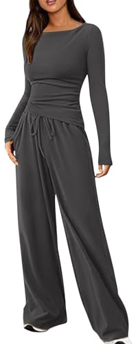 NSICBMNO Lounge-Sets für Damen, zweiteiliges Outfit, langärmelig, bauchfreies Top, schmale Passform, T-Shirt, elastische Taille, Hose, weites Bein, Jogger, Flughafen, Reise-Outfit, Jogginganzüge