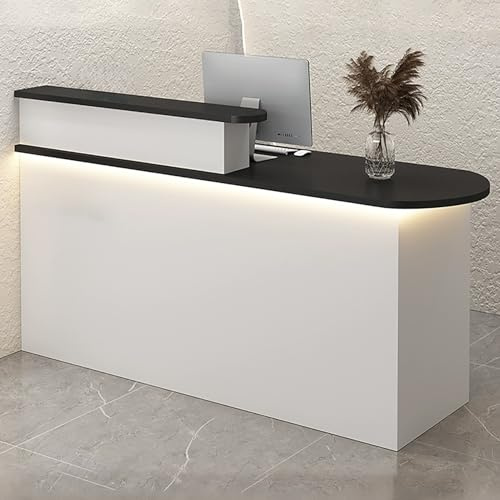 Elegant modern LED-receptionsskrivbord med låda och skåp, vitt kassaskänksbord för detaljhandel, reception med gott om förvaring (110 x 55 x 100 cm) funktionell och iögonfallande