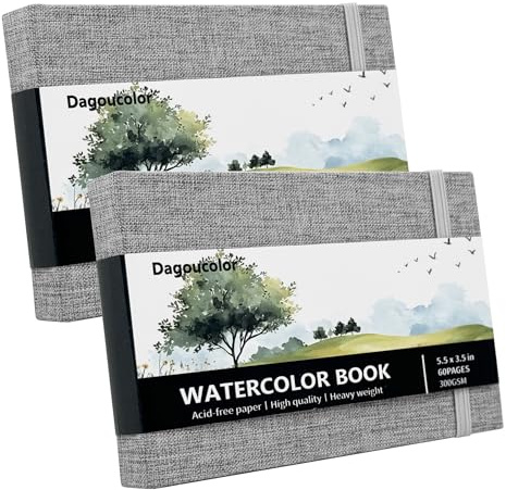 DagouColor Acuarela Papel Sketchbook, 5.5x3.5, 2 Pack, 30 hojas, 300GSM Papel Color Agua Prensado Frío, Tapa Tela Libro Para Artistas Principiantes Adultos, Pintura, Dibujo, Medios Mixtos